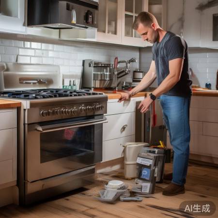 安装燃气灶水箱，小心谨慎。